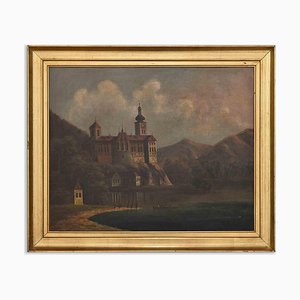 Artiste Hollandais, Peinture à l'Huile, Vue d'un Château sur un Lac, Fin du 19ème Siècle
