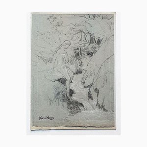 Marcel Mangin 1, Mädchen im Wald, Bleistiftzeichnung auf Papier, 20. Jahrhundert