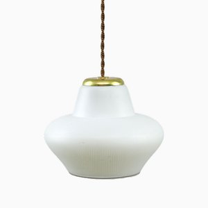 Petite Lampe à Suspension Mid-Century en Laiton et Opaline, Italie