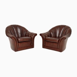 Vintage Leather Scallop Back Armchairs, 1970s, Set of 2