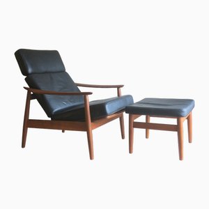 FD164 Teak and Leather Armchair and Ottoman by Arne Vodder for France & Søn, 1960s