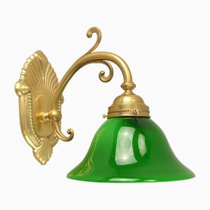 Art Nouveau Brass Wall Lamp with Green Flashed Glass, Vienna, 1910s