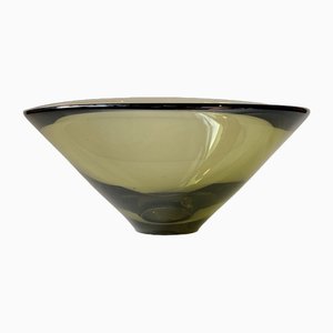 Danish Modern Olive Green Glass Disko Bowl by Per Lutken for Holmegaard, 1959