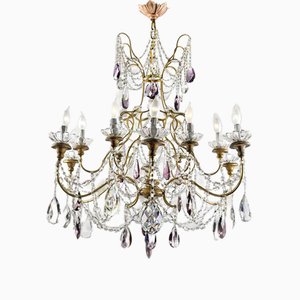 Large Golden Chandelier with Crystals, 1950s