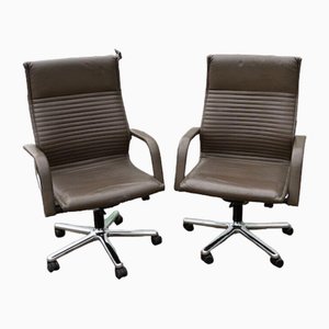 Swivel Desk Chairs in Brown Leather and Chrome, Set of 2