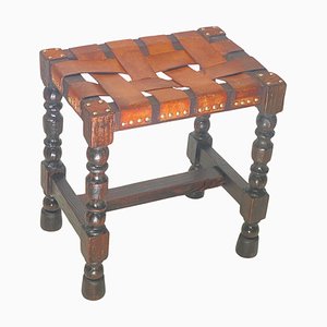 English Brown Stool in Wood and Leather with Twisted Legs, 20th Century