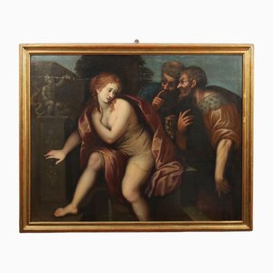 Artista de la escuela italiana, Susana y los ancianos, década de 1600, pintura al óleo, enmarcado