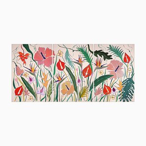Romina Milano, Pink Pastel Hibiscus Oasis Triptychon, 2023, Acryl auf Papier