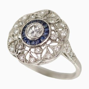 Art Deco Style Ring in 900 Platinum with Diamonds and Sapphires