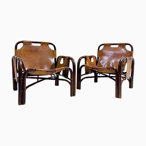 Mid-Century Modern Bamboo & Leather Armchairs attributed to Tito Agnoli, Italy, 1960s, Set of 2