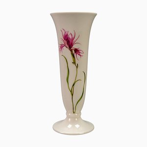 German White Porcelain Vase with Pink Feather Carnation Flower by Hutschenreuther, 1950s