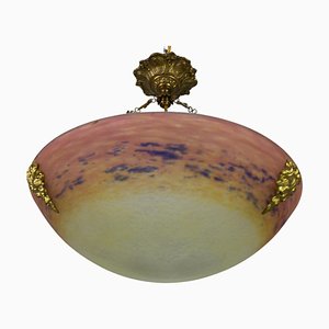 Art Nouveau FrenchBronze and Polychrome Glass Pendant Light from Degué, 1920s
