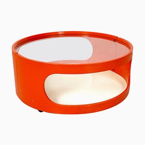 Italian Space Age Round Coffee Table Cart in Glass, White and Orange Wood, 1970s