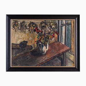 Marcel Saint-Jean, Mesa de cocina con flores, Pintura al óleo sobre lienzo, Mediados del siglo XX, Enmarcado