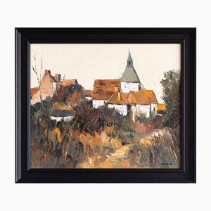 French School, Autumnal Landscape with Church, Oil Painting on Canvas, 1970s, Framed