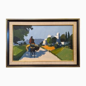 Rider on the Road, 1950s, Oil Painting, Framed