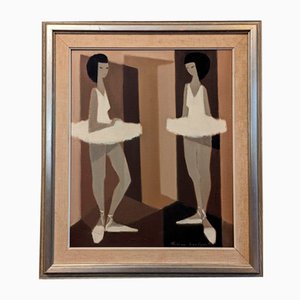 Bailarinas modernistas, años 50, pintura al óleo, enmarcado
