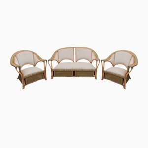 Mid-Century Modern Italian Rattan and Wicker Two Armchairs and Sofa, 1979, Set of 3