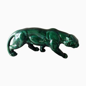 French Art Deco Green Glazed Ceramic Panther in the style of Saint Clement, 1930s