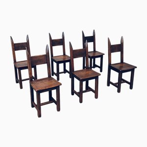 Brutalist Oak Dining Chairs, France, 1960s, Set of 6