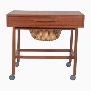 Danish Sewing Table in Teak with Rattan Basket, 1960s