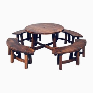Mid-Century French Alps Chalet Style Round Dining Table & Benches, France, 1950s, Set of 5