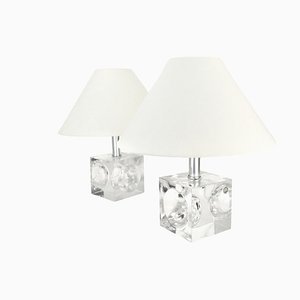Lámparas de mesa cúbicas de cristal de Royal Leerdam, años 70. Juego de 2