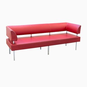 Sofá de tres plazas Business Class de cuero rojo con patas de hierro cromado, años 90