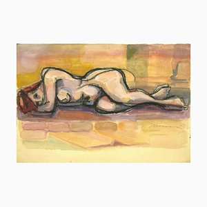 Mino Maccari, desnudo reclinado, carboncillo y acuarela, mediados del siglo XX
