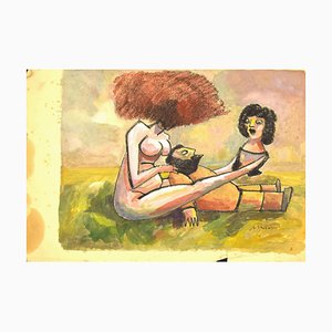 Mino Maccari, Nude, Watercolor Drawing, Mid 20th Century