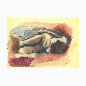 Mino Maccari, Reclined Nude, Charcoal & Watercolor, Mid 20th Century