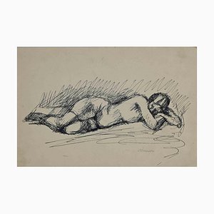 Mino Maccari, Reclined Nude, Pen Drawing, Mid 20th Century