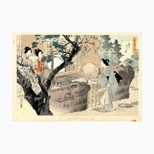 Mizuno Toshikata, El arte de la ceremonia del té por un día, grabado en madera, década de 1890