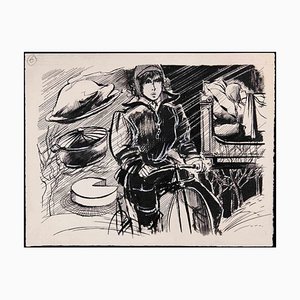 Norbert Meyre, Bike Woman, Ink Drawing, Mid-20th Century