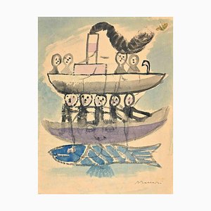 Mino Maccari, Le Bateau à Poissons, Aquarelle, Milieu du 20e Siècle