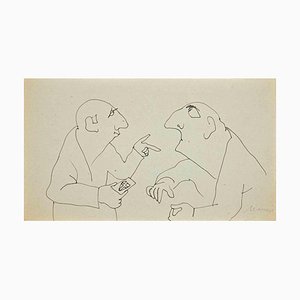 Mino Maccari, The Conversation, Ink Drawing, Mid-20th Century