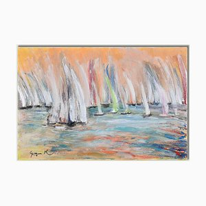 Martine Goeyens, Race on Orange Background, Oil Painting, 2020s