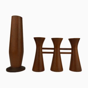 Bougie Lumineuse et Vases Mid-Century en Teck, Danemark, Set de 2