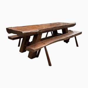 Table Fabriquée à la Main en Chêne avec Deux Bancs, 1960s, Set de 3