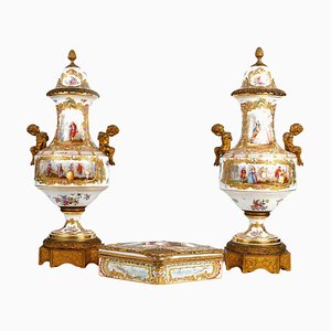 Vases et Boîte en Éventail, 19ème Siècle, Set de 3