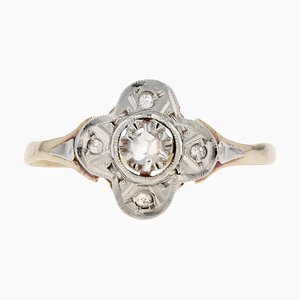 Anillo Belle Epoque francés del siglo XX con trébol de oro amarillo de 18 kt con diamantes