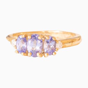 Bague Vintage en Or Jaune 9k avec Tanzanites et Diamants Taille Brilliant, 2004