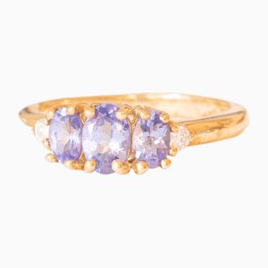 Vintage Ring in 9k Yellow Gold with Tanzanites and Brilliant Cut Diamonds, 2004