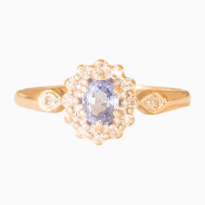 Vintage 9k Yellow and White Gold Daisy Ring with Sapphire and Diamonds, 1989