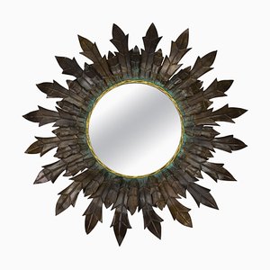 Miroir Mural Mid-Century Rond en Tôle de Cuivre et Laiton Sunburst, 1950s