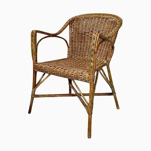 Antique Italian Rattan Chair with Armrests and Green Details, 1900s