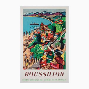 Póster publicitario de viajes del ferrocarril SNCF Roussillon francés de Desnoyer, 1952