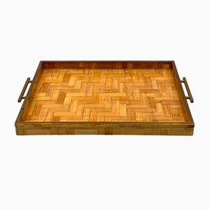 Hollywood Regency Brass and Guinea Cane Marqueterie Tray, Italy, 1970s