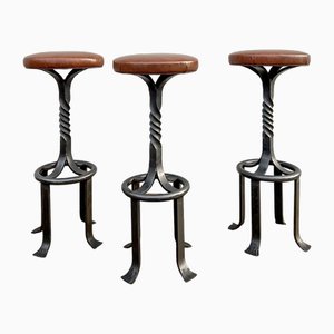 Mid-Century Wrought Iron Bar Stools with Leather Seats, 1970s, Set of 3
