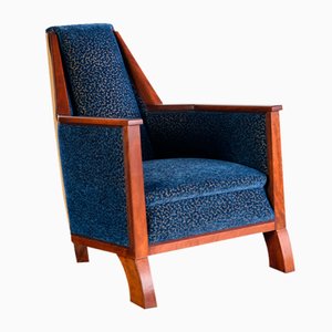 Art Deco Armchair in Blue Velvet and Maple, Northern France, 1920s